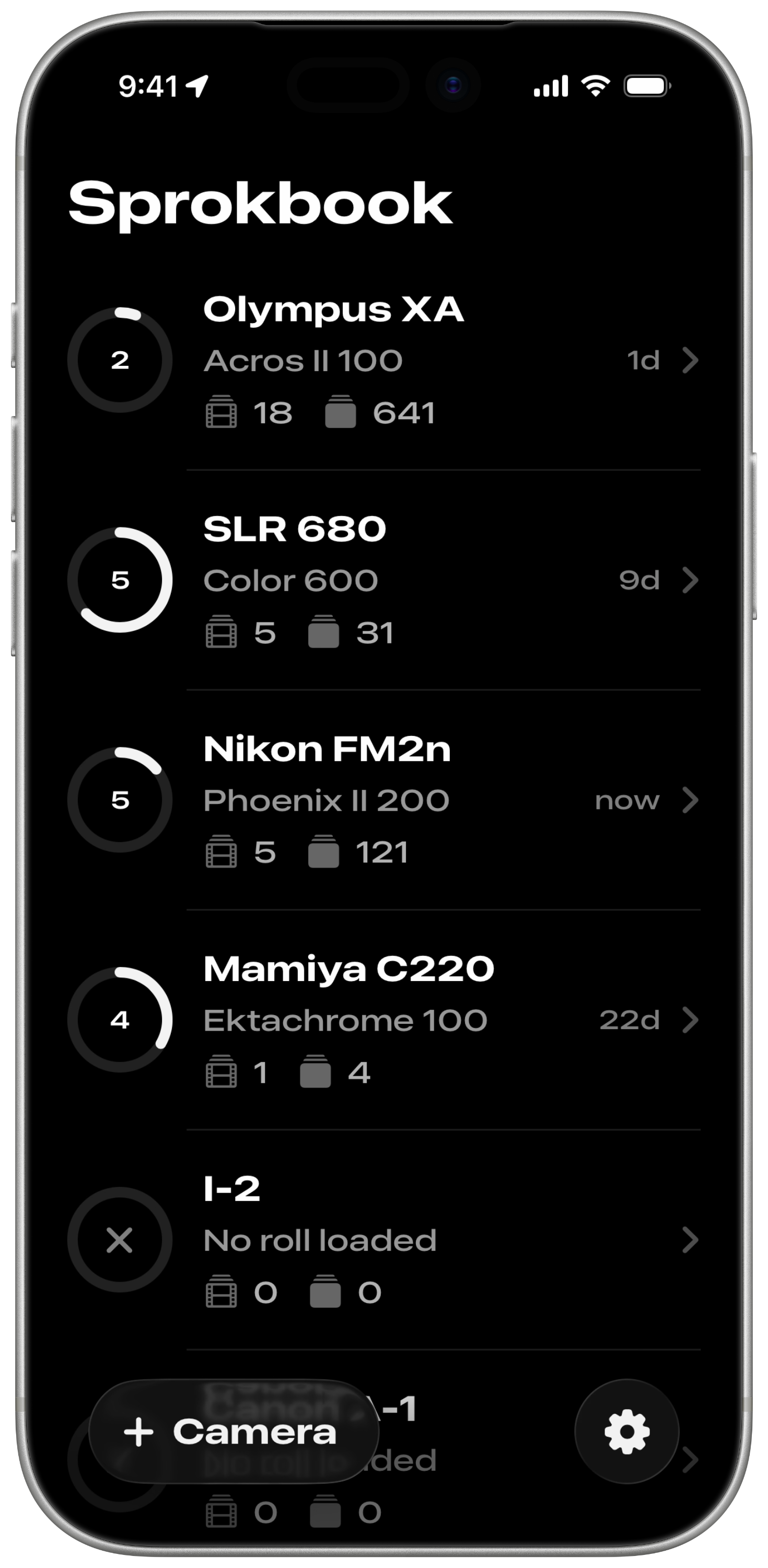 Sprokbook camera list with roll status at a glance